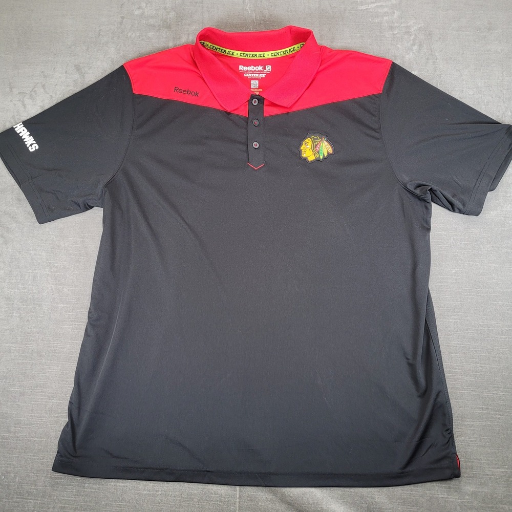 Reebok Chicago Blackhawks NHL Center Ice Polo Shirt Mens 2XL Black Red Speedwick